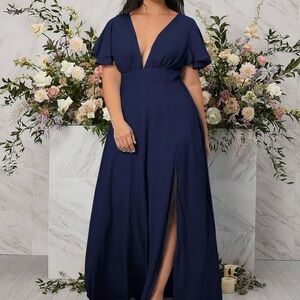 SHEIN Belle Plus Plunging Neck Butterfly Sleeve Split Thigh 1X Navy Blue